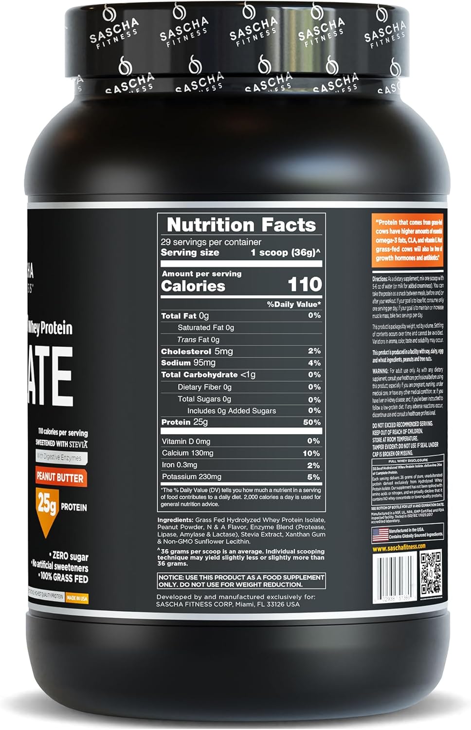 2.3lb Peanut Butter Grass-Fed Hydrolyzed Whey Protein Isolate by SASCHA FITNESS