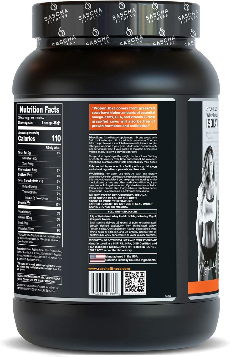 2.3lb Peanut Butter Grass-Fed Hydrolyzed Whey Protein Isolate by SASCHA FITNESS