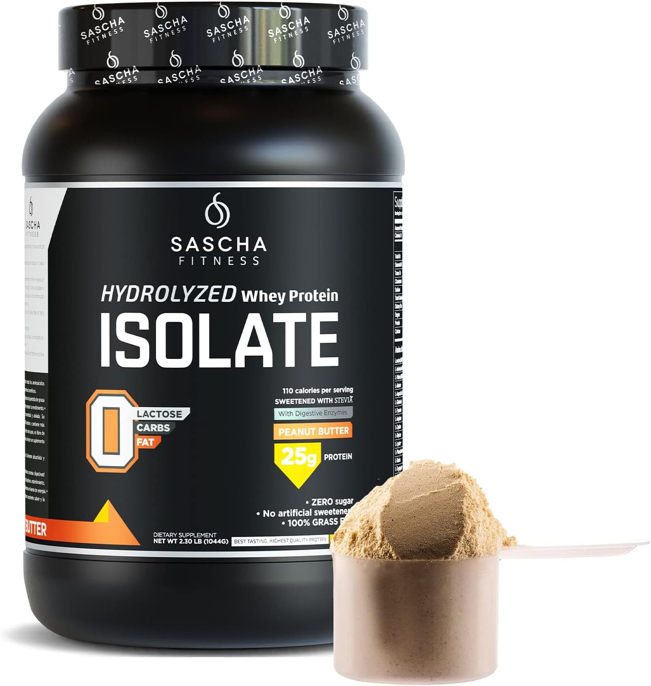2.3lb Peanut Butter Grass-Fed Hydrolyzed Whey Protein Isolate by SASCHA FITNESS