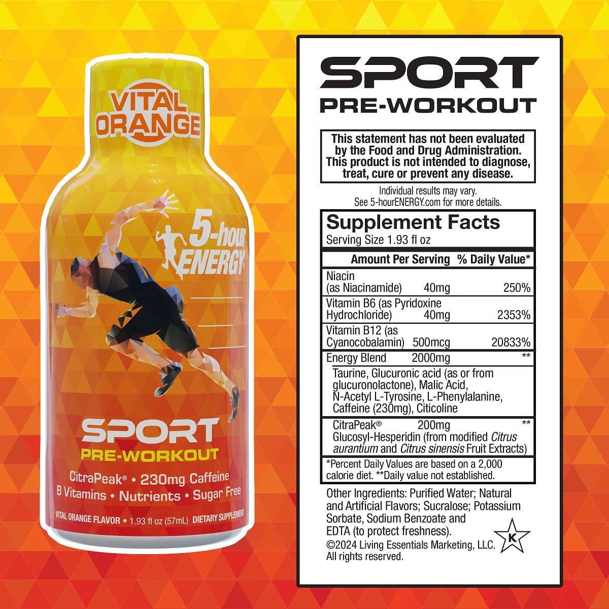 24 Count 5-Hour Energy Extra Strength Sport Shots with Citrapeak, Vital Orange Flavor - Pre-Workout Boost