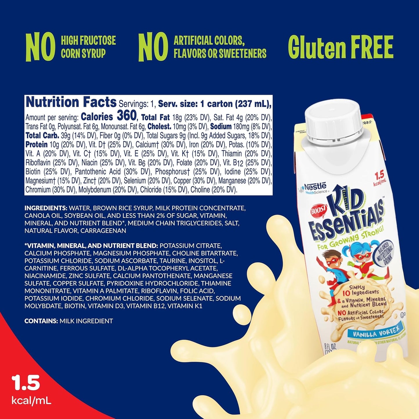 24 Count Vanilla Vortex Boost Kid Essentials 1.5 Balanced Nutritional Drink for Children