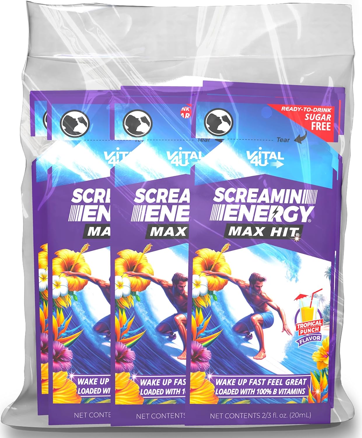 24 Count VITAL 4U Screamin Energy Max Hit Tropical Punch Flavor Energy Shot with Ginseng, B Vitamins, and Caffeine
