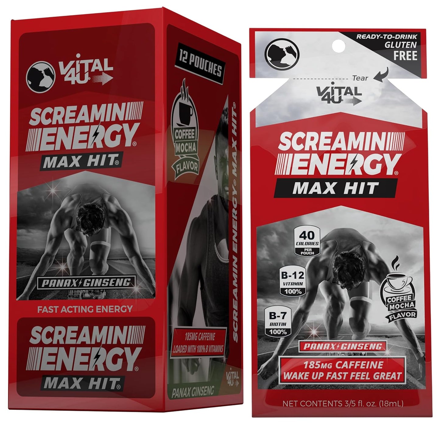 24 Ct VITAL 4U Screamin Energy Max Hit Coffee Mocha Shots with Ginseng & Caffeine