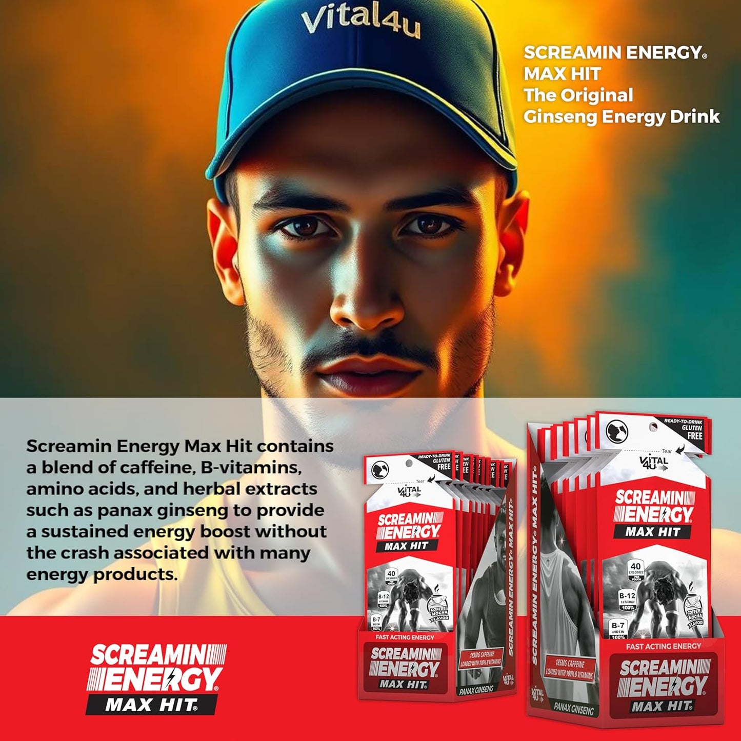 24 Ct VITAL 4U Screamin Energy Max Hit Coffee Mocha Shots with Ginseng & Caffeine