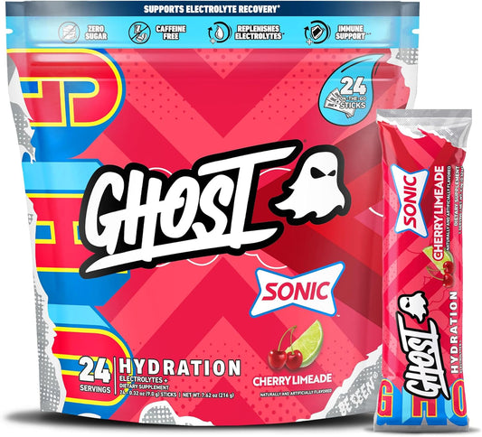 24 GHOST Hydration Packets, Sonic Cherry Limeade Electrolyte Powder Drink Mix - Supplement with Magnesium, Potassium, Calcium & Vitamin C - Vegan, Soy, Sugar, Gluten-Free
