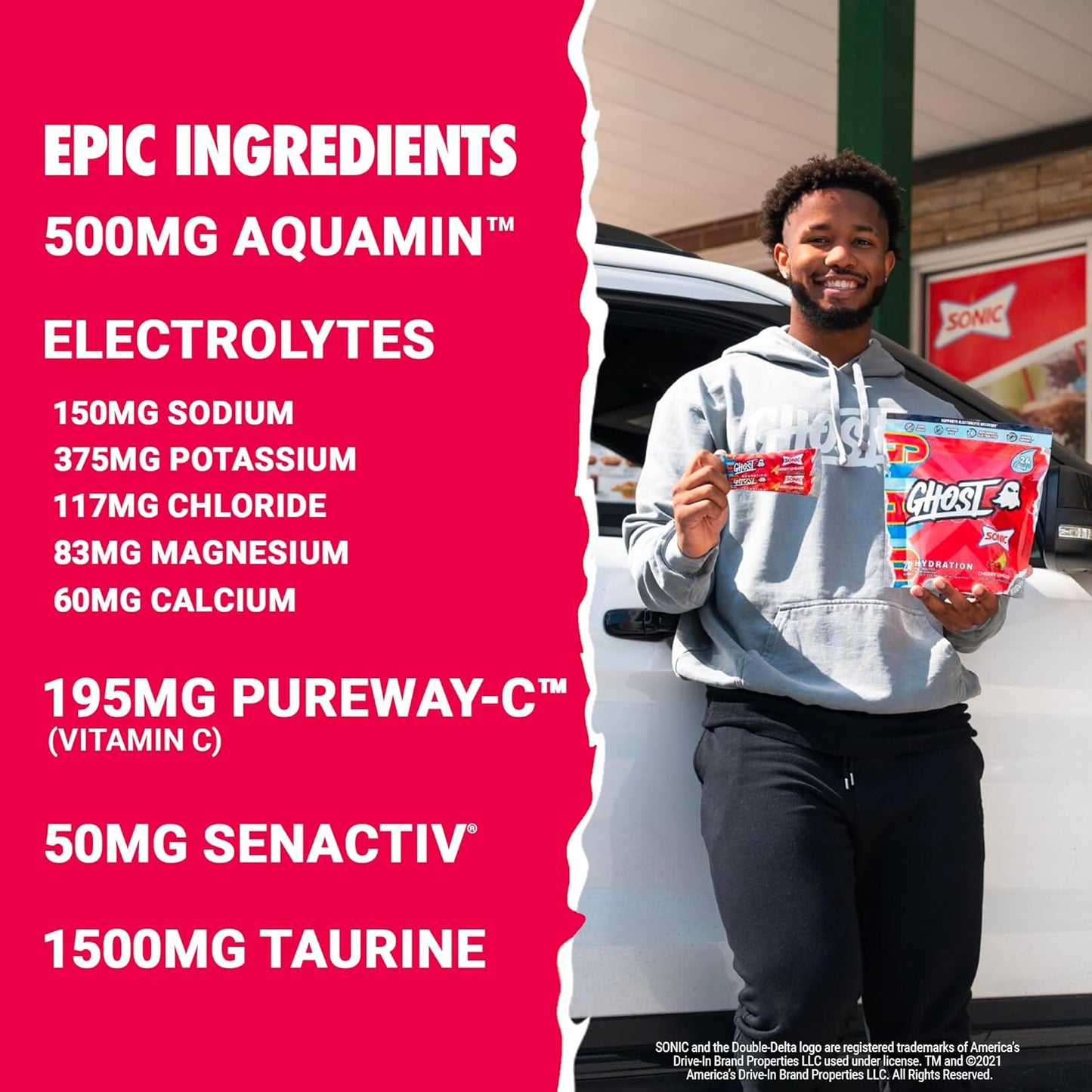 24 GHOST Hydration Packets, Sonic Cherry Limeade Electrolyte Powder Drink Mix - Supplement with Magnesium, Potassium, Calcium & Vitamin C - Vegan, Soy, Sugar, Gluten-Free