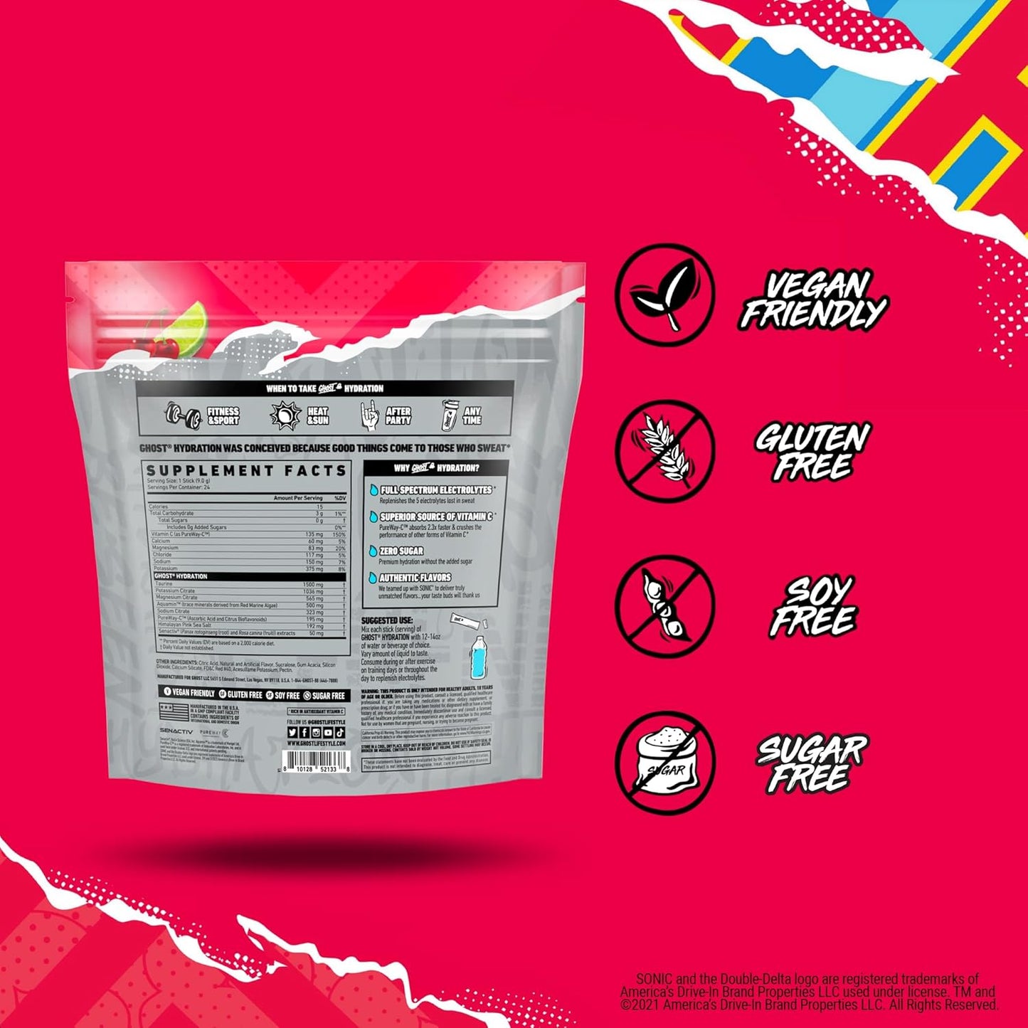 24 GHOST Hydration Packets, Sonic Cherry Limeade Electrolyte Powder Drink Mix - Supplement with Magnesium, Potassium, Calcium & Vitamin C - Vegan, Soy, Sugar, Gluten-Free