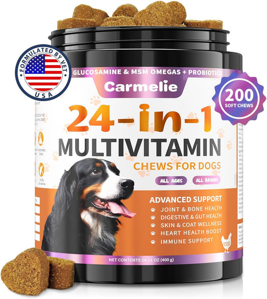 24-in-1 Dog Multivitamin Chewable with Glucosamine, Probiotics - 200 Chews - Senior & Puppy - Hip & Joint, Skin & Coat, Immune Health, Digestive - Chicken Flavor