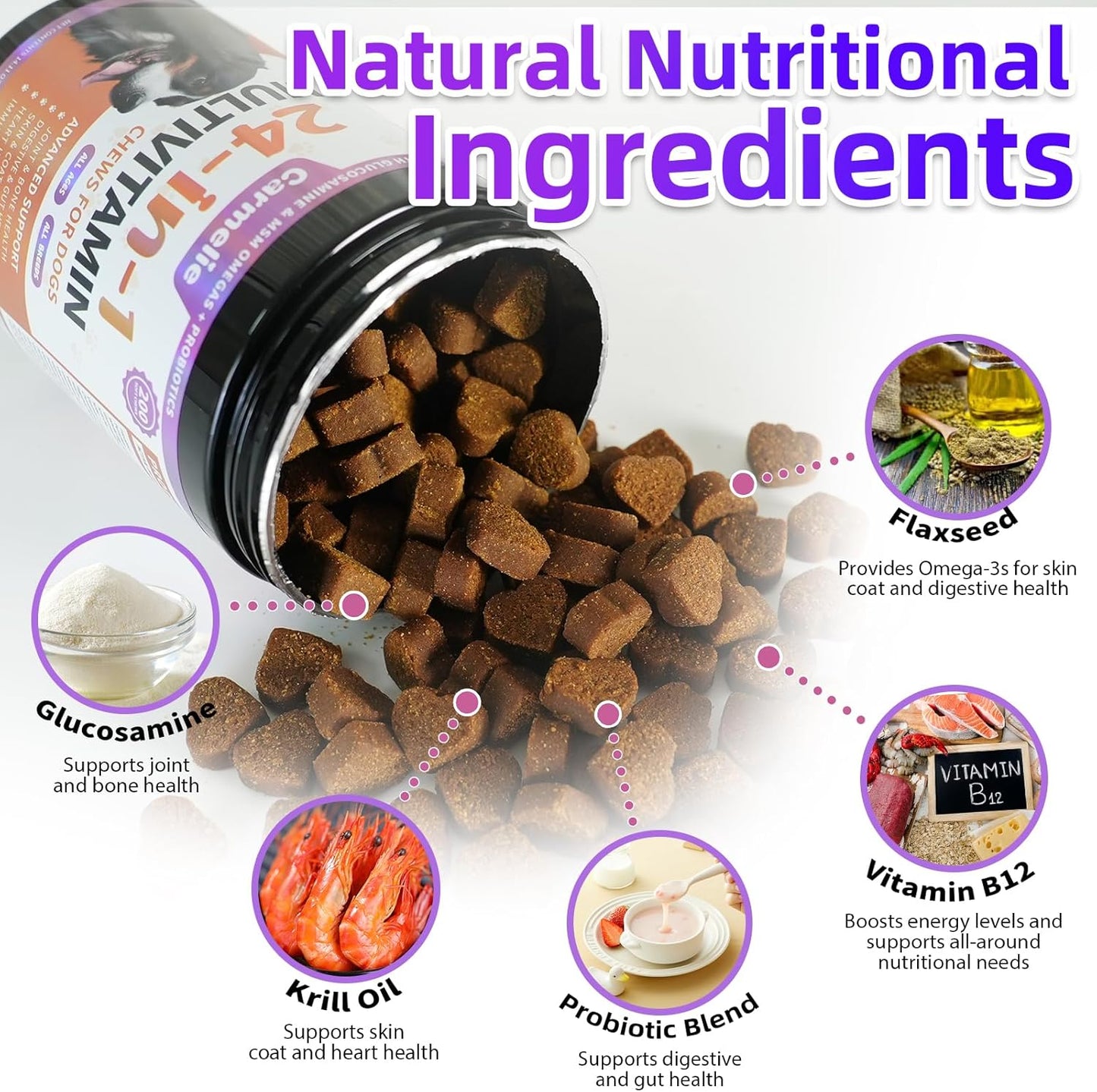 24-in-1 Dog Multivitamin Chewable with Glucosamine, Probiotics - 200 Chews - Senior & Puppy - Hip & Joint, Skin & Coat, Immune Health, Digestive - Chicken Flavor