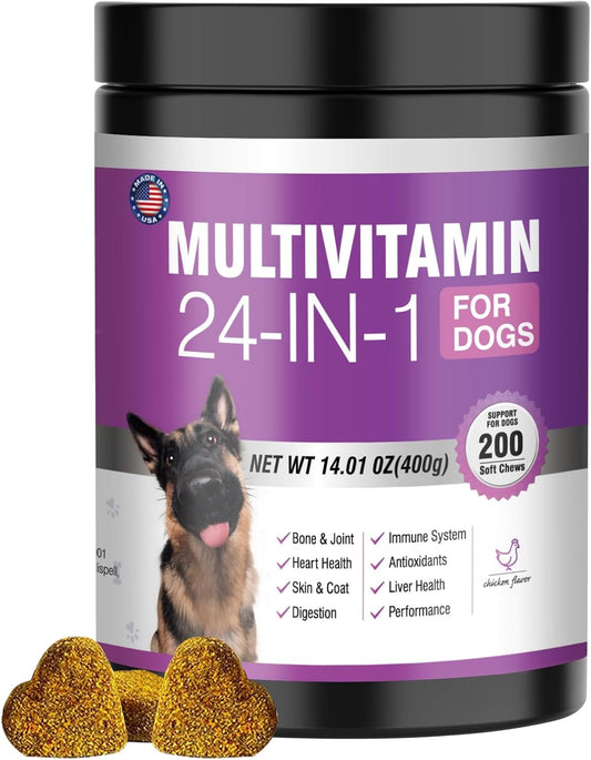 24-in-1 Dog Vitamins & Supplements with Glucosamine, Chondroitin & Omega-3 - Senior & Puppy Multivitamin for Coat, Heart, Joints, Digestion, Immune Support - Chewable Dog Vitamin