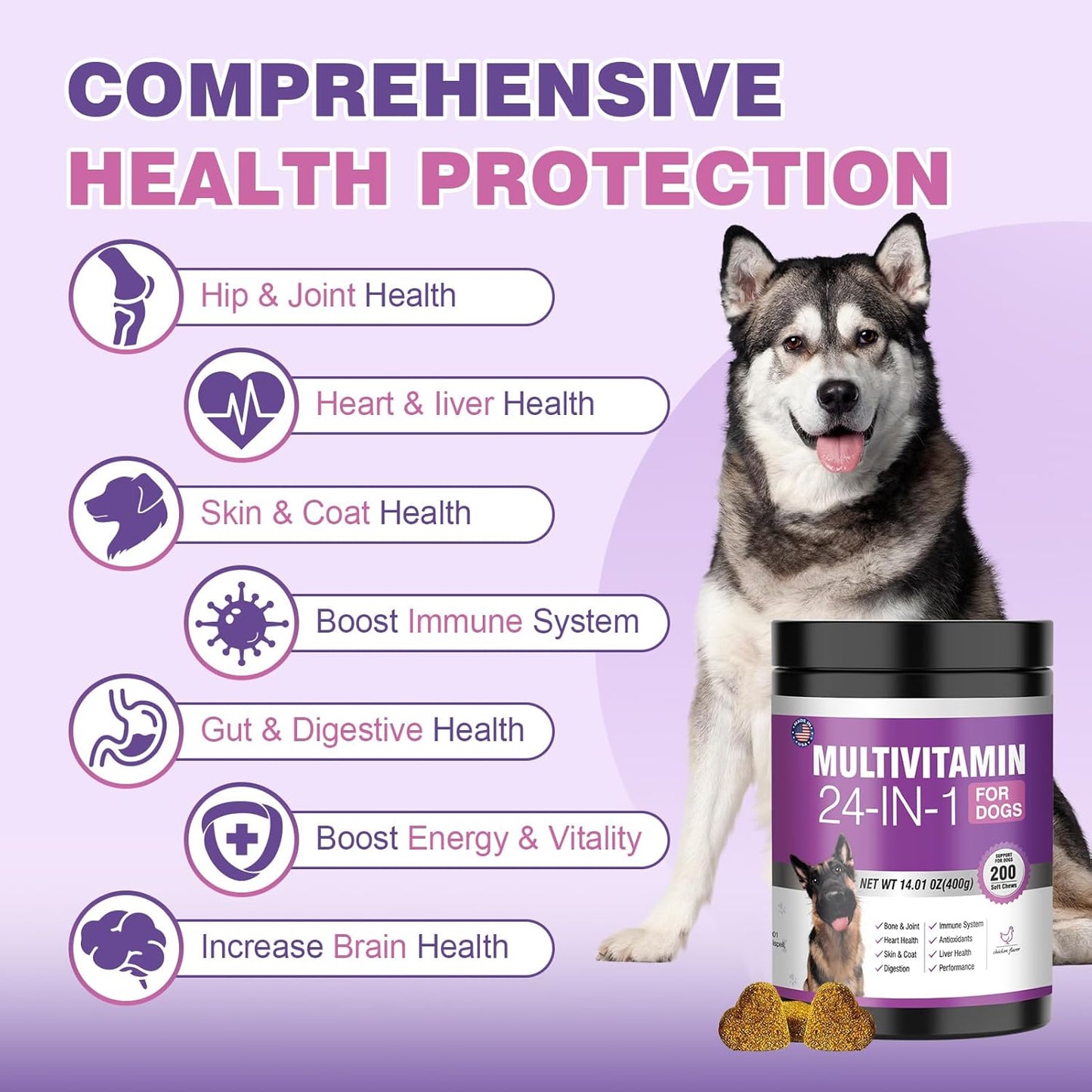 24-in-1 Dog Vitamins & Supplements with Glucosamine, Chondroitin & Omega-3 - Senior & Puppy Multivitamin for Coat, Heart, Joints, Digestion, Immune Support - Chewable Dog Vitamin
