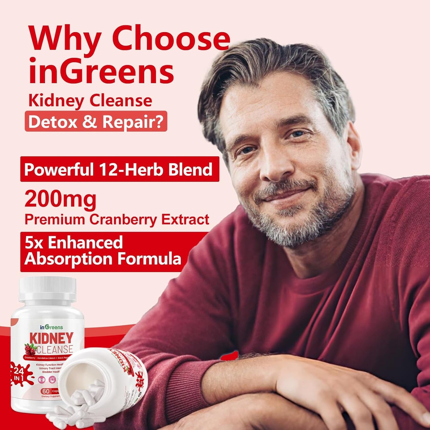 24-in-1 Kidney Support Supplement for Detox & Repair - Herbal Formula for Kidney & Urinary Tract Health - Non-GMO, 60 Capsules - Made in USA