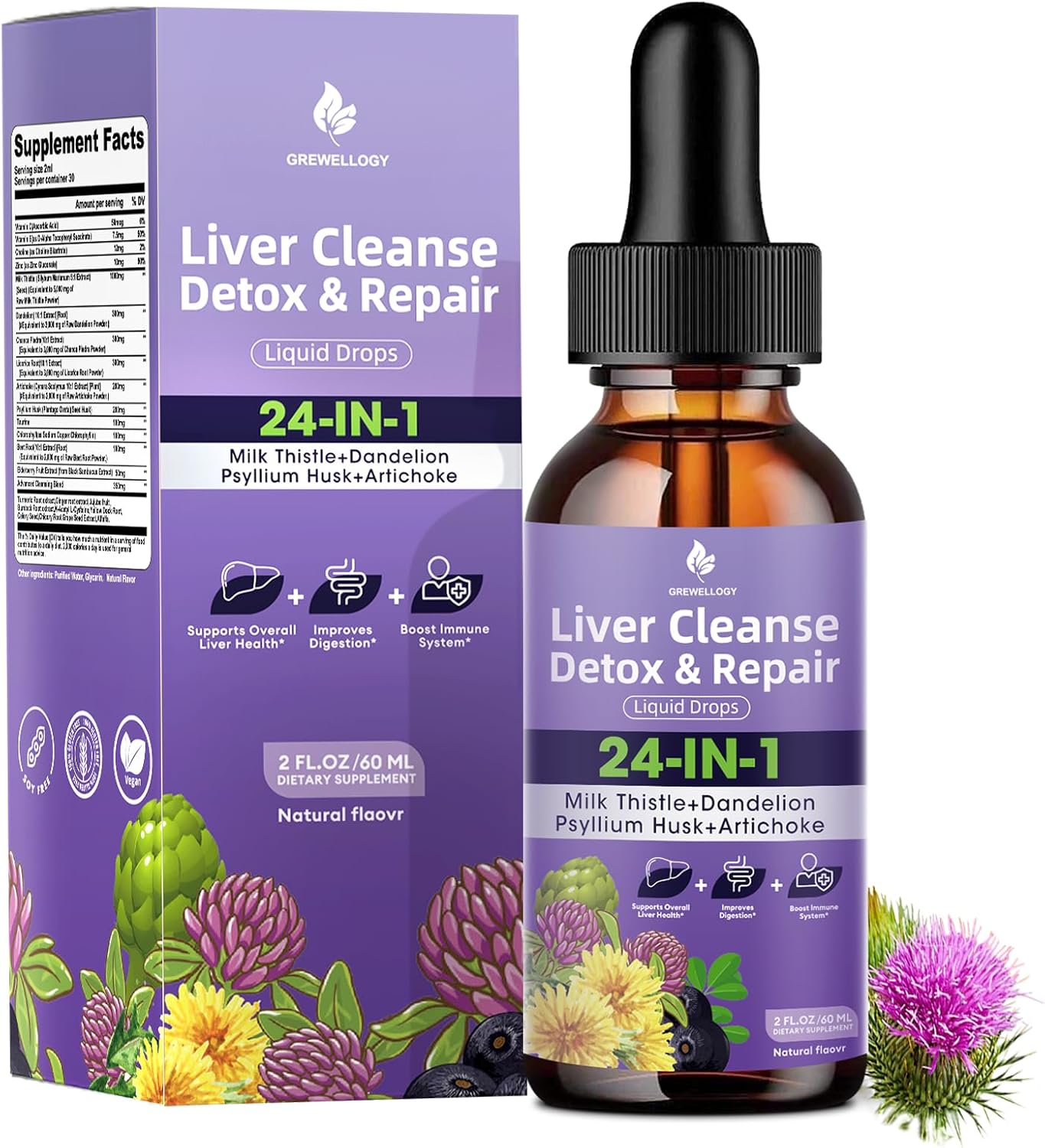 24-in-1 Liquid Liver Cleanse Detox Drops with Milk Thistle & More - Vegan & All-Natural 2 Fl Oz