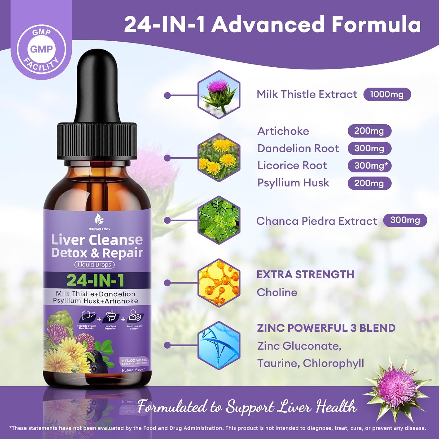 24-in-1 Liquid Liver Cleanse Detox Drops with Milk Thistle & More - Vegan & All-Natural 2 Fl Oz