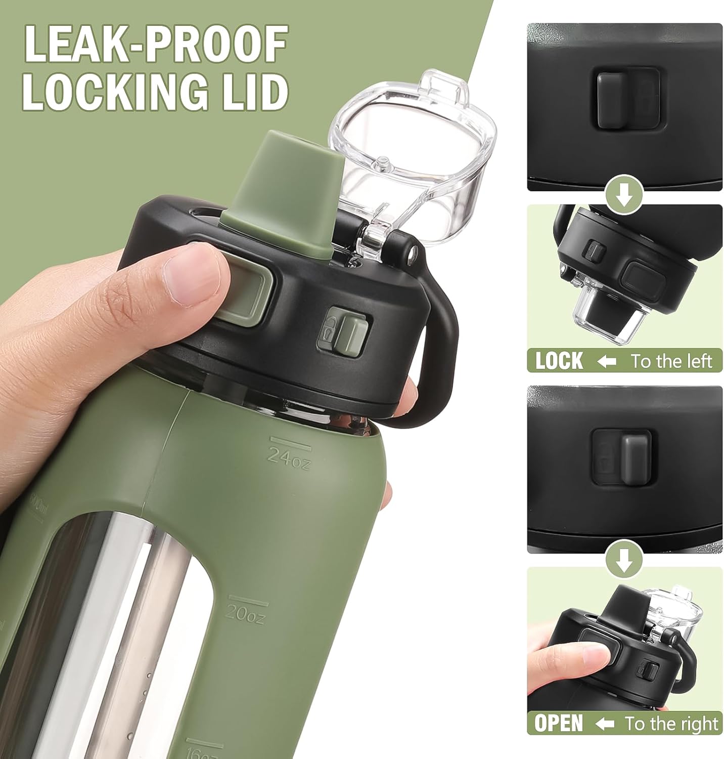 24 oz Glass Water Bottle with Straw, Leak Proof Lid, Carry Handle, Time Marker - Olive Green - Small Clear Travel Sports Jug