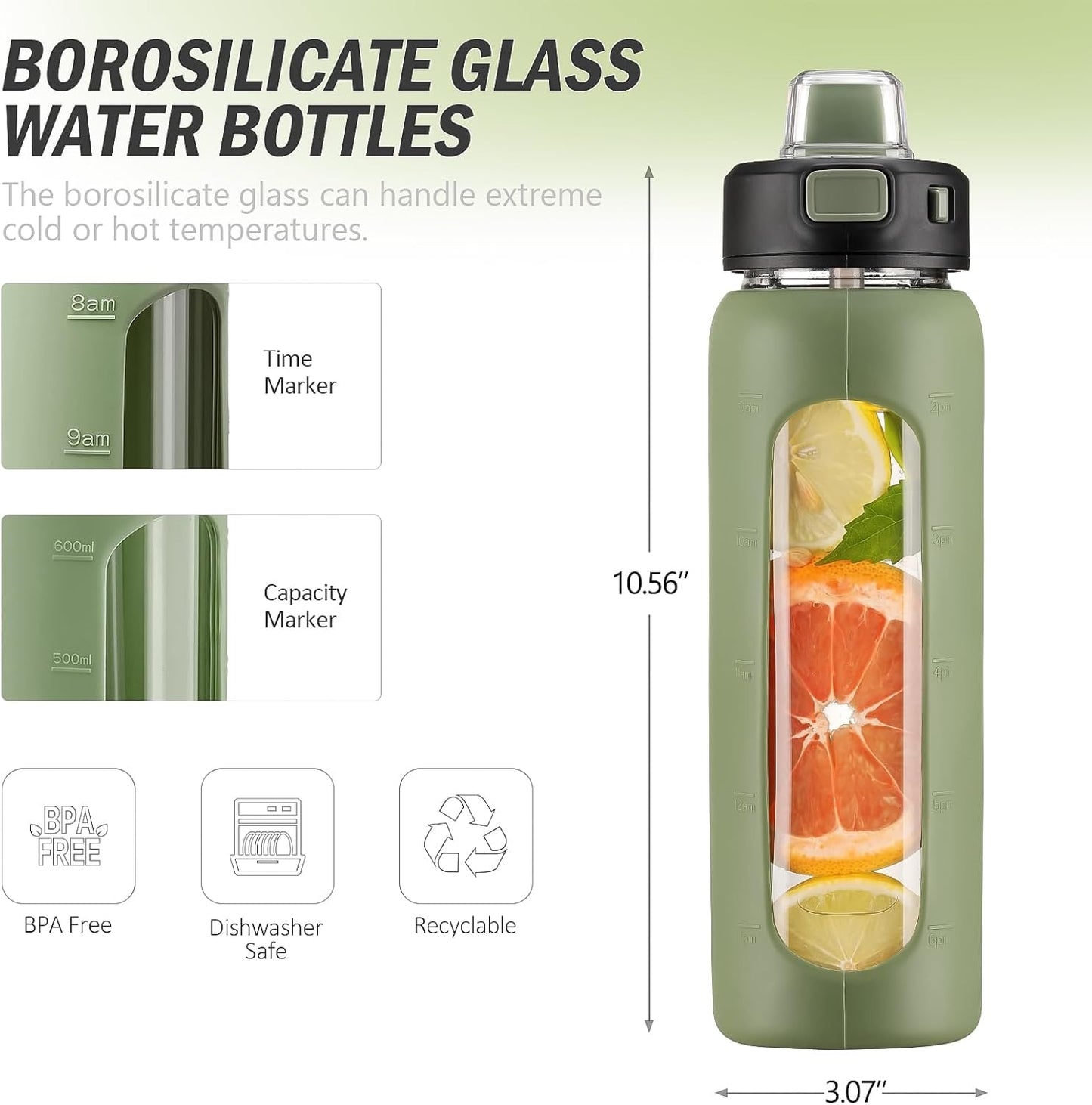 24 oz Glass Water Bottle with Straw, Leak Proof Lid, Carry Handle, Time Marker - Olive Green - Small Clear Travel Sports Jug