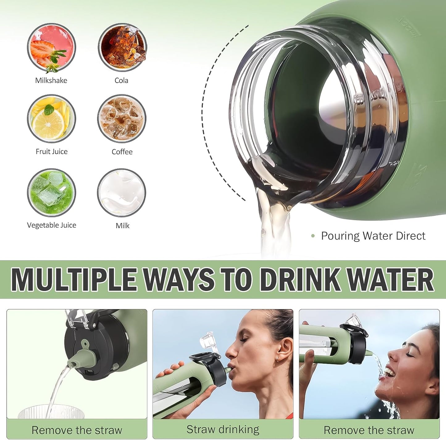 24 oz Glass Water Bottle with Straw, Leak Proof Lid, Carry Handle, Time Marker - Olive Green - Small Clear Travel Sports Jug