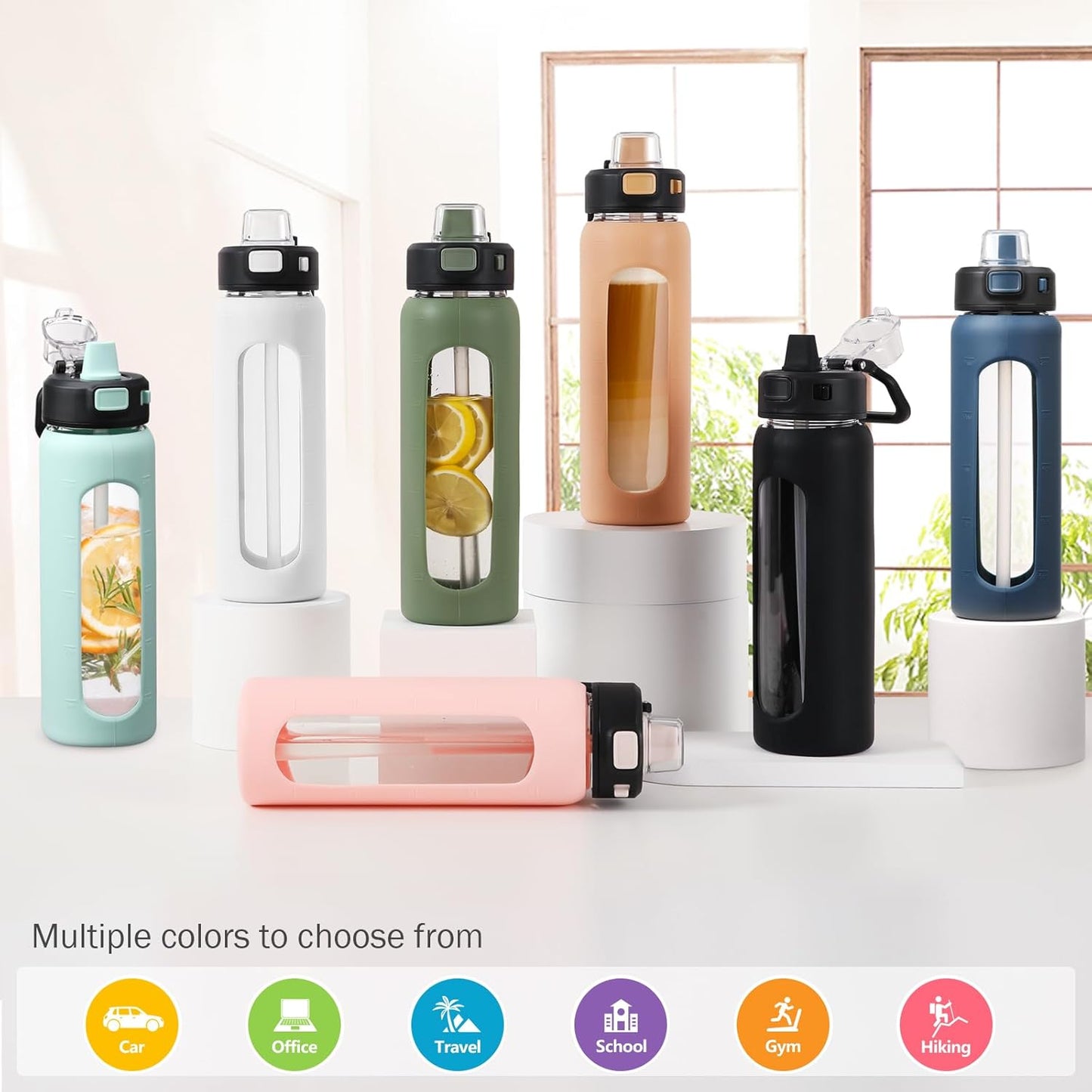 24 oz Glass Water Bottle with Straw, Leak Proof Lid, Carry Handle, Time Marker - Olive Green - Small Clear Travel Sports Jug