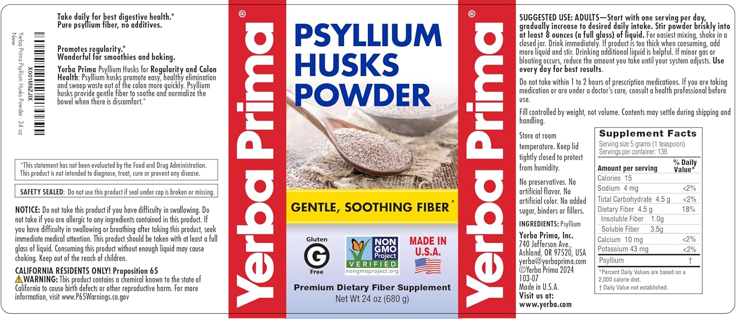 24 oz Yerba Prima Psyllium Husk Powder: Fine Ground, Unflavored, Sugar-Free Fiber Supplement - Ideal for Baking - Soluble & Insoluble Bulk for Regularity