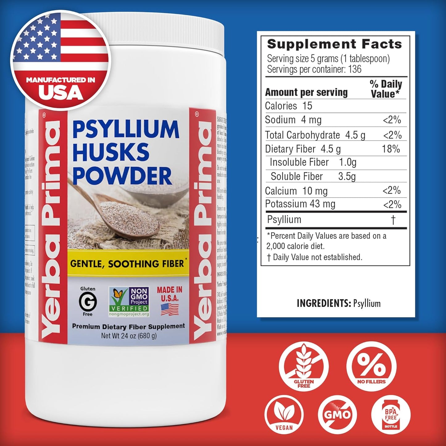 24 oz Yerba Prima Psyllium Husk Powder: Fine Ground, Unflavored, Sugar-Free Fiber Supplement - Ideal for Baking - Soluble & Insoluble Bulk for Regularity