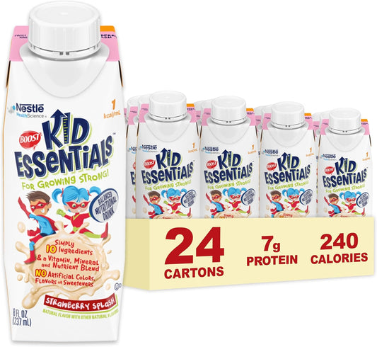 24-Pack BOOST Kid Essentials 1.0 Strawberry Splash 8 fl oz Cartons - Nutritious Drink for Kids with Essential Vitamins and Minerals