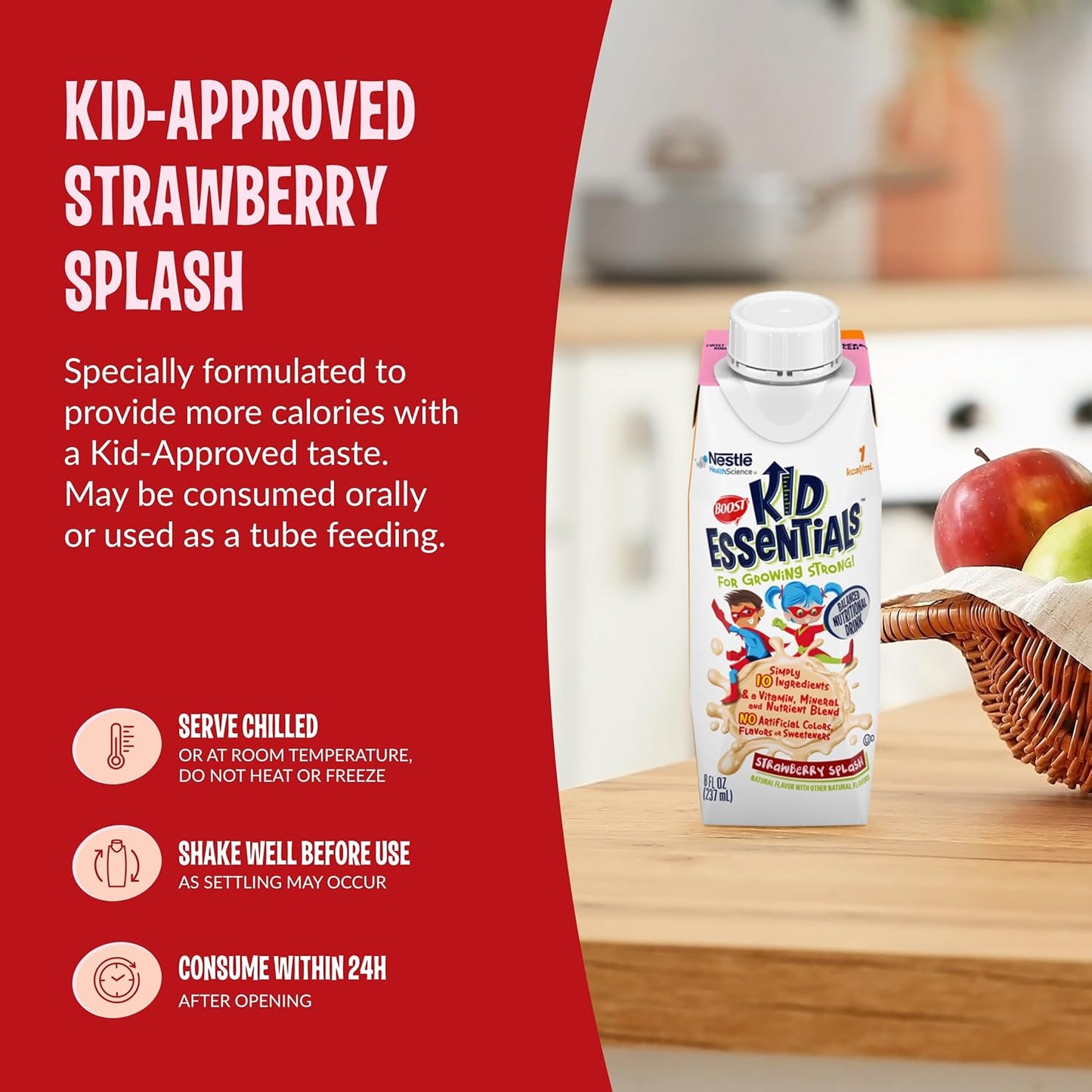 24-Pack BOOST Kid Essentials 1.0 Strawberry Splash 8 fl oz Cartons - Nutritious Drink for Kids with Essential Vitamins and Minerals