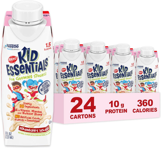 24 Pack BOOST KID ESSENTIALS 1.5 Strawberry Splash 8 Fl oz - Nutrient-Rich Drink for Kids