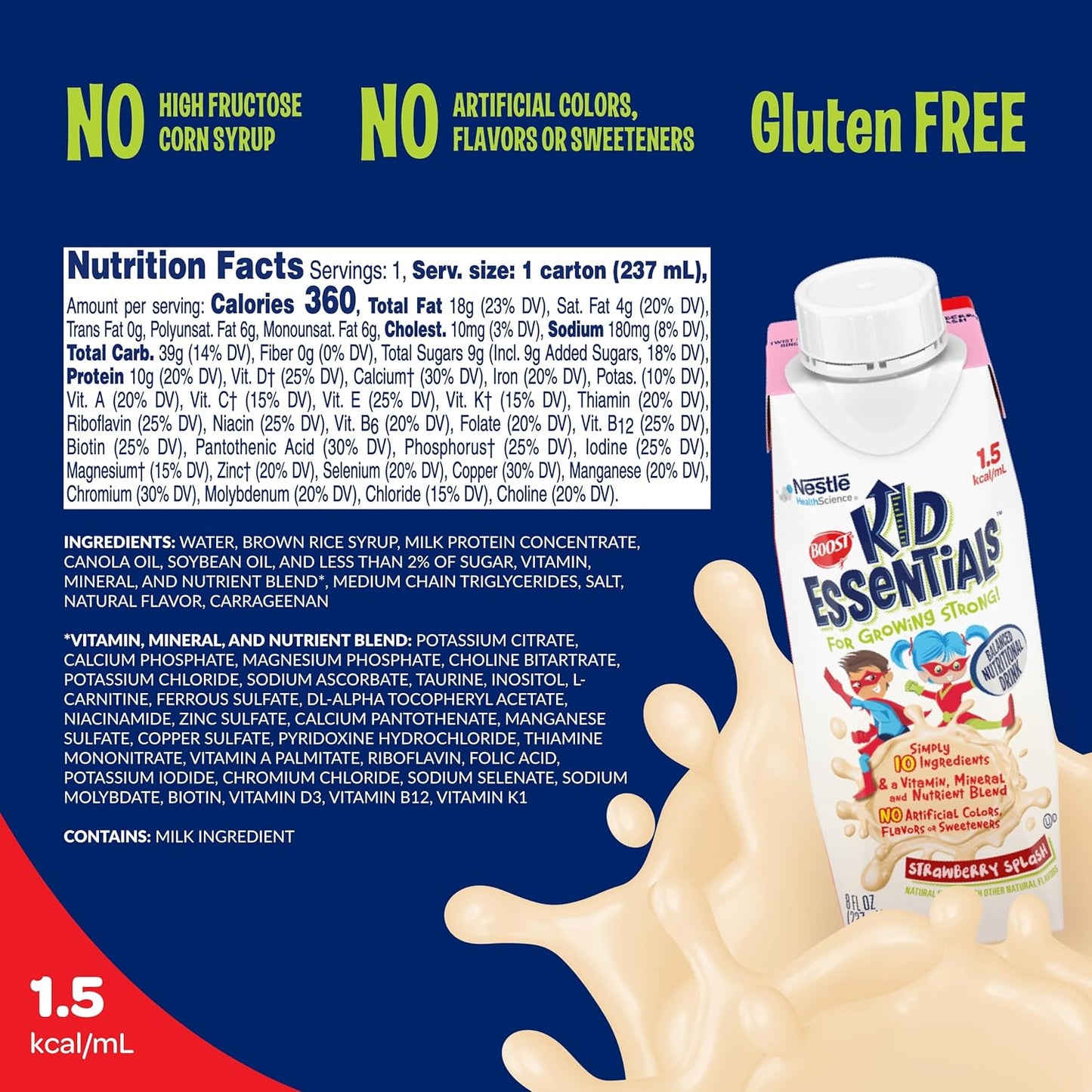 24 Pack BOOST KID ESSENTIALS 1.5 Strawberry Splash 8 Fl oz - Nutrient-Rich Drink for Kids