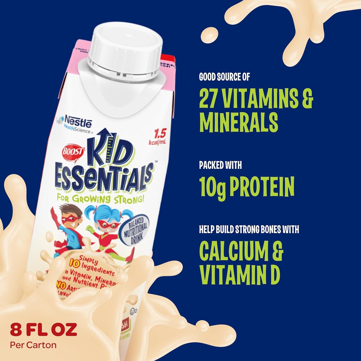 24 Pack BOOST KID ESSENTIALS 1.5 Strawberry Splash 8 Fl oz - Nutrient-Rich Drink for Kids