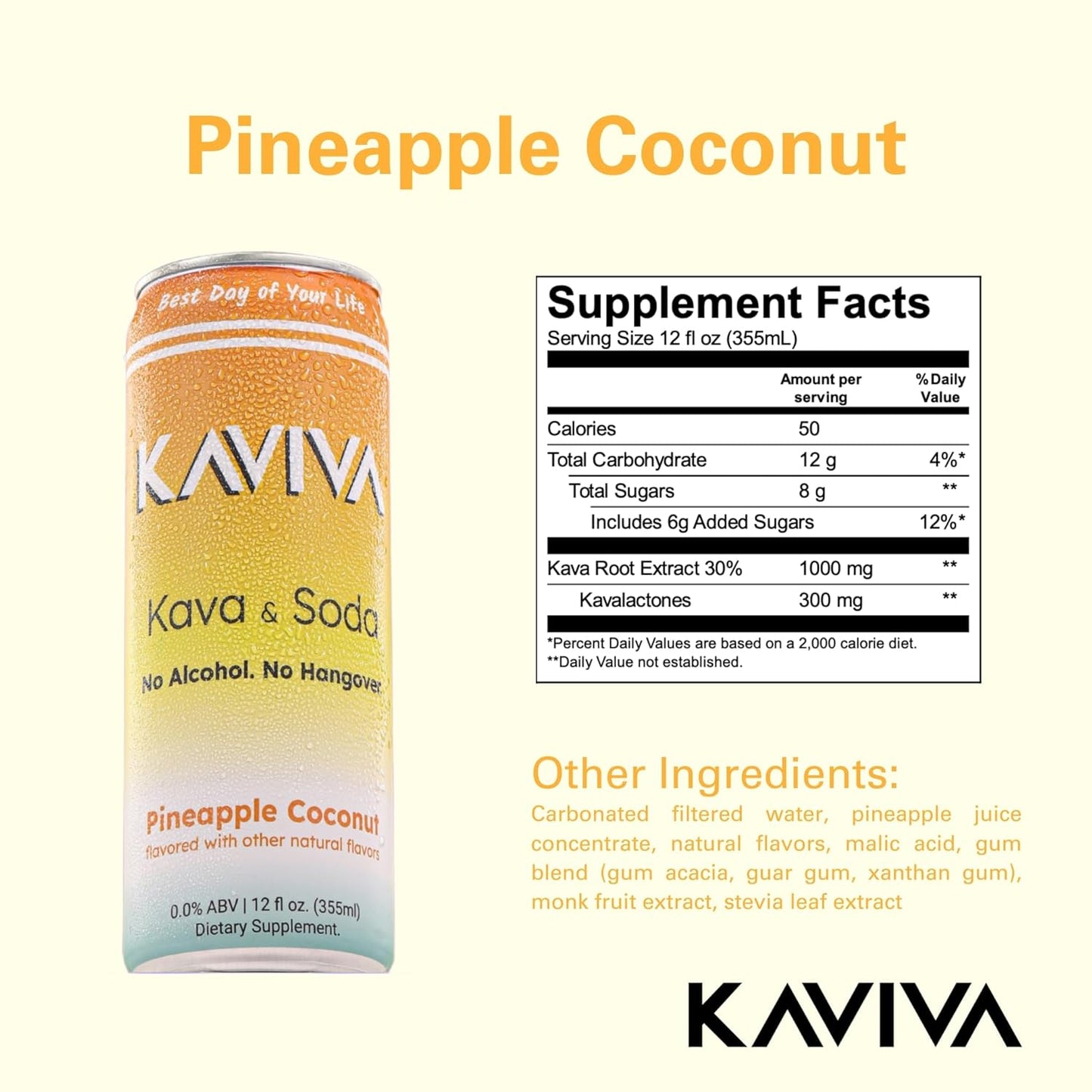 24-Pack Kaviva Pineapple Coconut Kava & Soda Seltzer: Low-Cal, Gluten-Free, Vegan Drink for Social Buzz