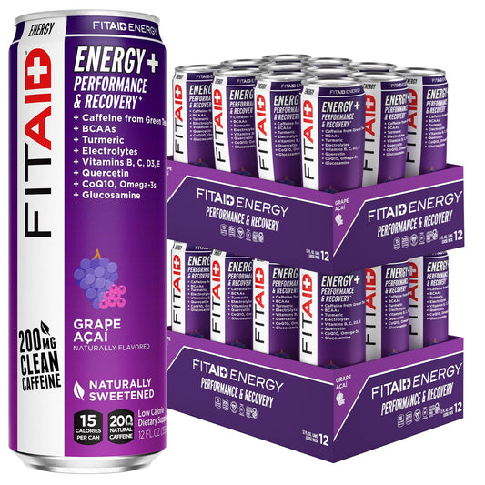 24 Pack LIFEAID FITAID Energy Grape AÇAI Drink with 200mg Natural Caffeine - Keto Pre-Workout Performance Beverage with BCAAs, Quercetin, Electrolytes, Omega-3s - 15 Calories, Paleo, Vegan, Gluten-Free