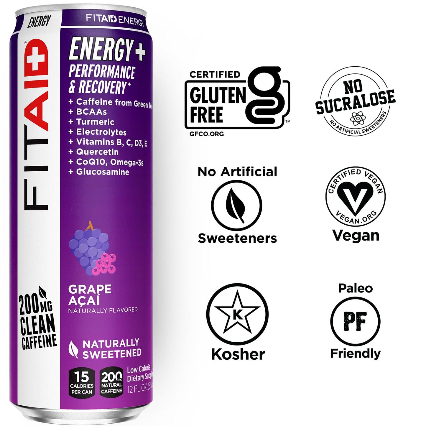 24 Pack LIFEAID FITAID Energy Grape AÇAI Drink with 200mg Natural Caffeine - Keto Pre-Workout Performance Beverage with BCAAs, Quercetin, Electrolytes, Omega-3s - 15 Calories, Paleo, Vegan, Gluten-Free