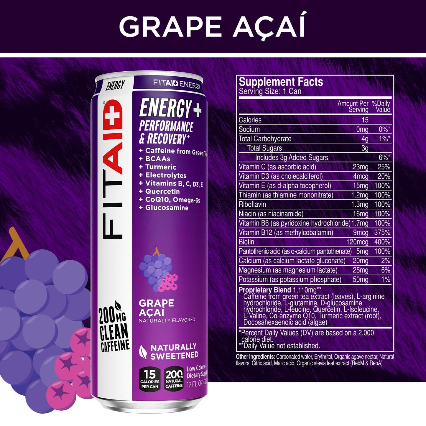 24 Pack LIFEAID FITAID Energy Grape AÇAI Drink with 200mg Natural Caffeine - Keto Pre-Workout Performance Beverage with BCAAs, Quercetin, Electrolytes, Omega-3s - 15 Calories, Paleo, Vegan, Gluten-Free