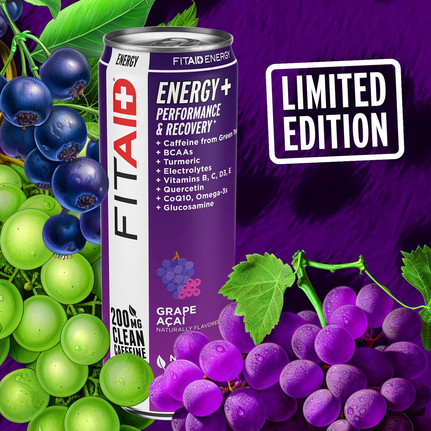24 Pack LIFEAID FITAID Energy Grape AÇAI Drink with 200mg Natural Caffeine - Keto Pre-Workout Performance Beverage with BCAAs, Quercetin, Electrolytes, Omega-3s - 15 Calories, Paleo, Vegan, Gluten-Free