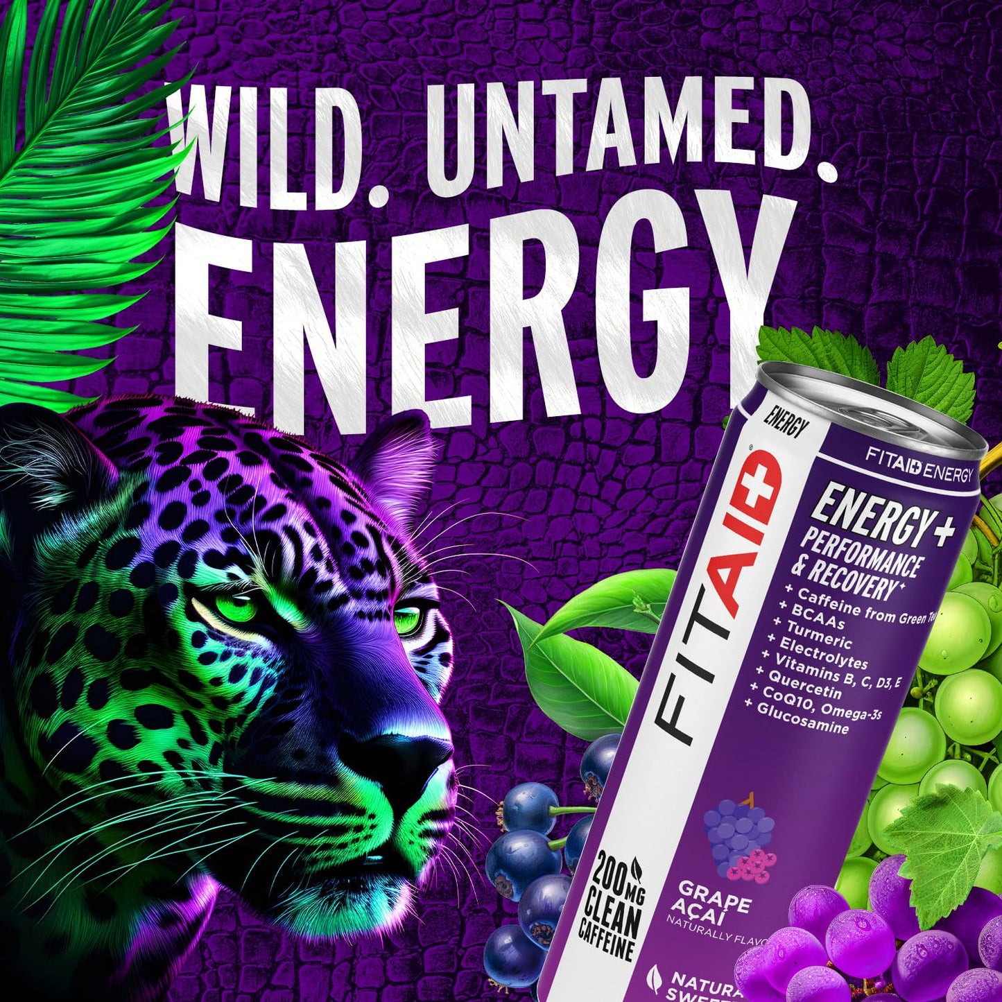 24 Pack LIFEAID FITAID Energy Grape AÇAI Drink with 200mg Natural Caffeine - Keto Pre-Workout Performance Beverage with BCAAs, Quercetin, Electrolytes, Omega-3s - 15 Calories, Paleo, Vegan, Gluten-Free