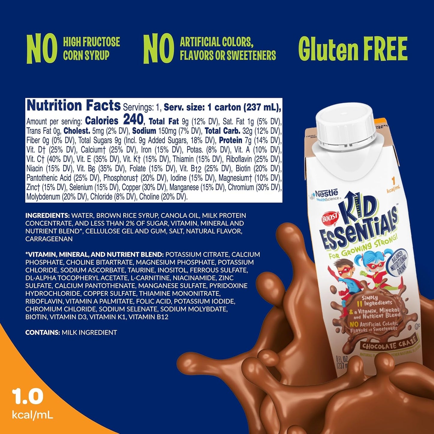 24 Pack of Boost Kid Essentials 1.0 Chocolate Craze 8 fl oz Cartons