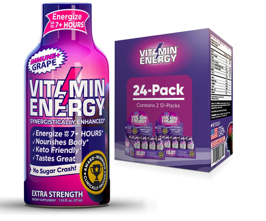 24 Pack of Grape Flavored Vitamin Energy Extra Strength Energy Drink Shots - Immunity Formula with Natural Nutrients for 7+ Hours Energy Support, Sugar & Carb-Free