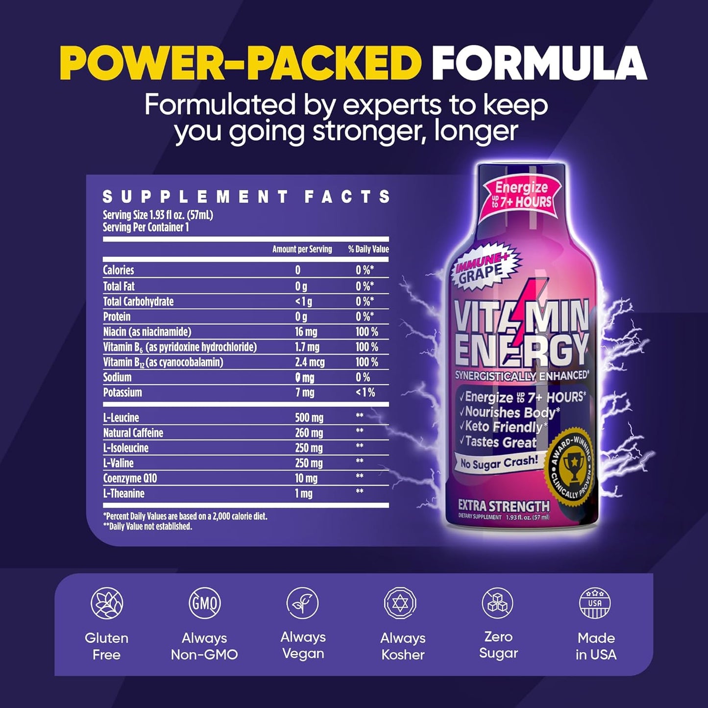 24 Pack of Grape Flavored Vitamin Energy Extra Strength Energy Drink Shots - Immunity Formula with Natural Nutrients for 7+ Hours Energy Support, Sugar & Carb-Free