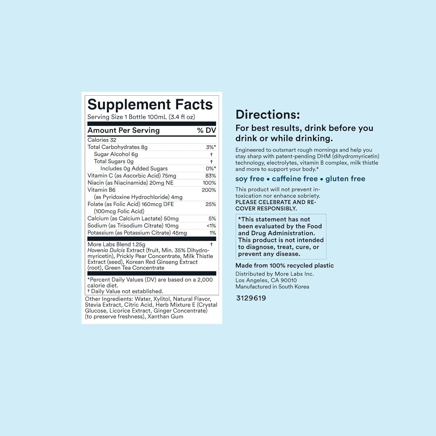 24 Pack of More Labs Morning Recovery Electrolyte Drink with Milk Thistle, DHM, and Sugar-Free Lemon Flavor for Hydration and Morning Recovery