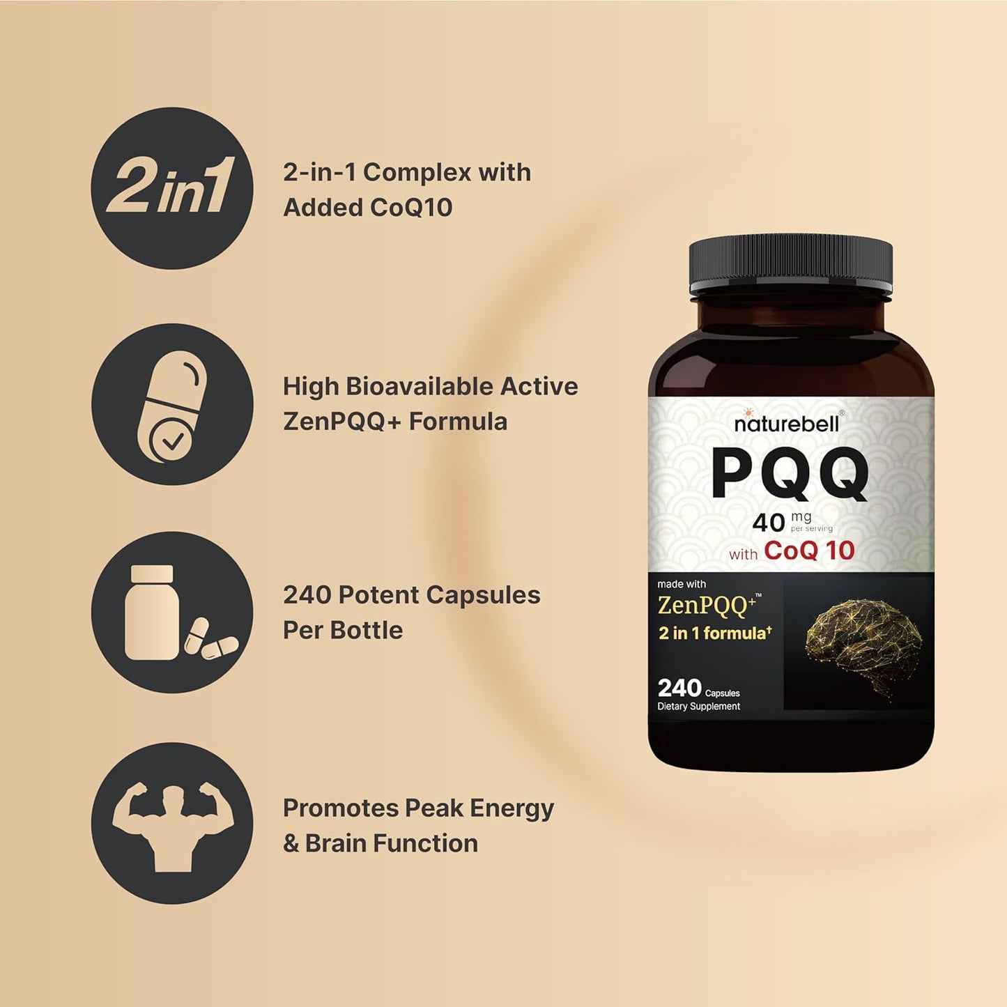 240 Capsules NatureBell PQQ 40mg with CoQ10 | ZenPQQ+ Formula for Heart, Brain, & Mitochondrial Health
