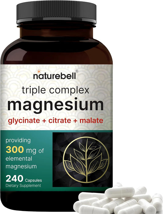 240 Capsules NatureBell Triple Complex Magnesium Supplement | 500mg Magnesium Glycinate with Citrate & Malate | Chelated & Purified for Bone, Heart, & Muscle Support | Non-GMO
