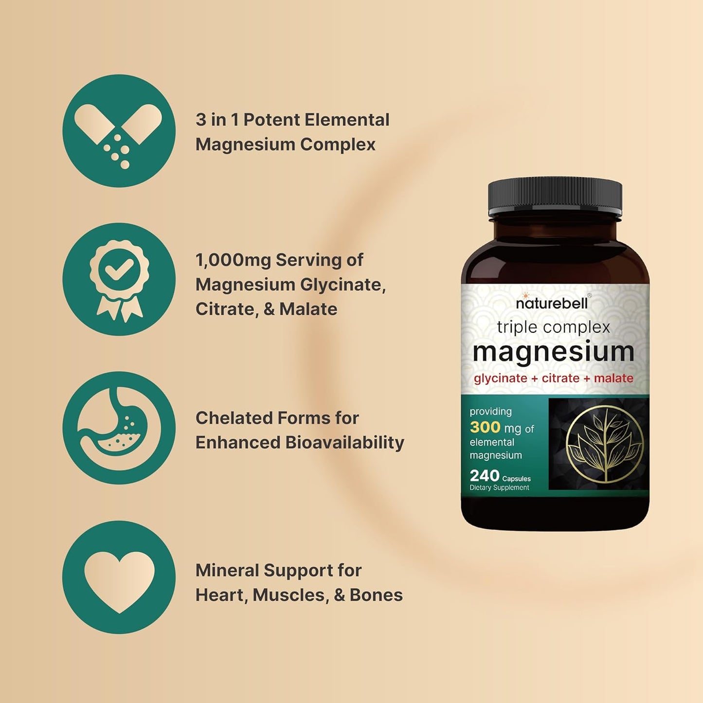 240 Capsules NatureBell Triple Complex Magnesium Supplement | 500mg Magnesium Glycinate with Citrate & Malate | Chelated & Purified for Bone, Heart, & Muscle Support | Non-GMO
