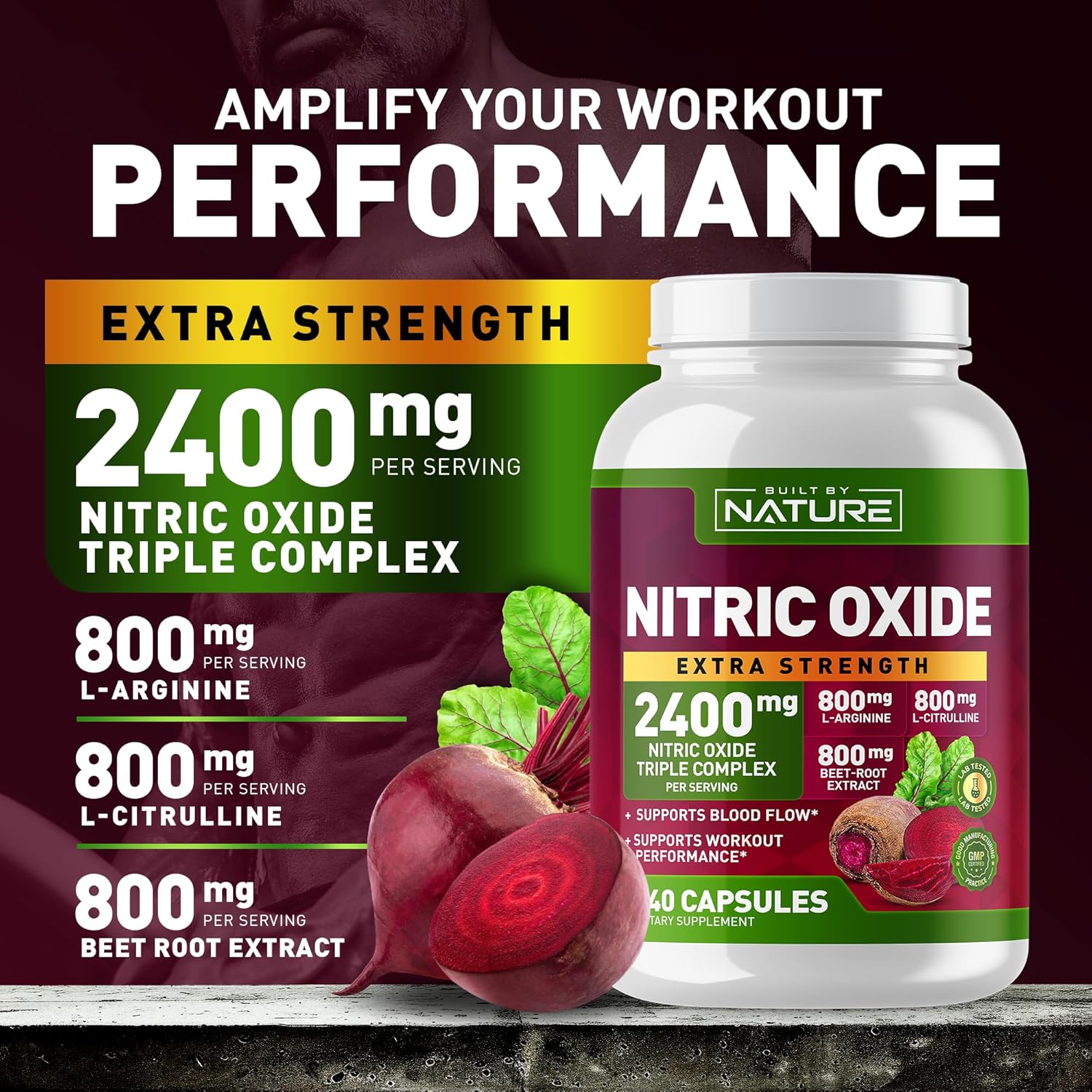 240 Capsules Nitric Oxide Supplement with L-Arginine, L-Citrulline, and Beet Root Extract - 2400mg