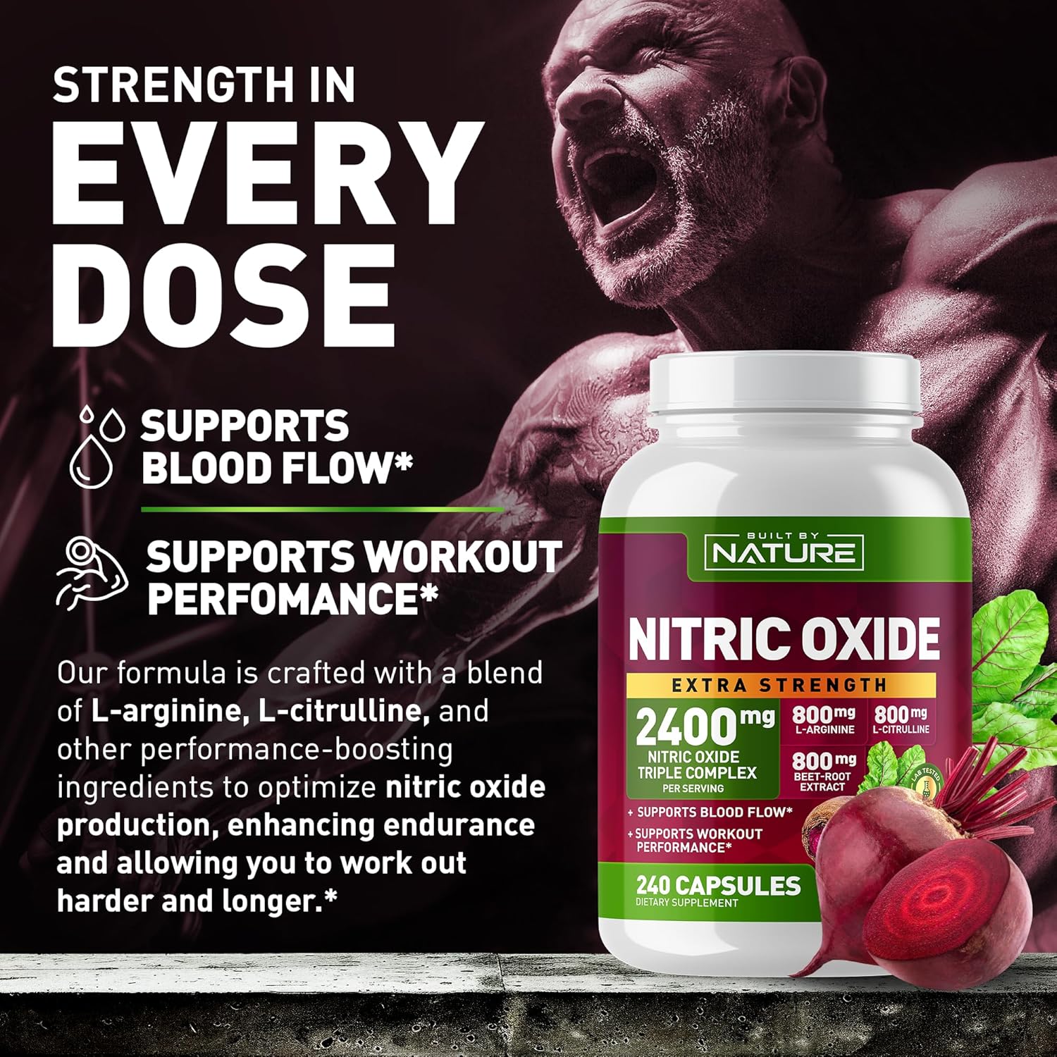240 Capsules Nitric Oxide Supplement with L-Arginine, L-Citrulline, and Beet Root Extract - 2400mg