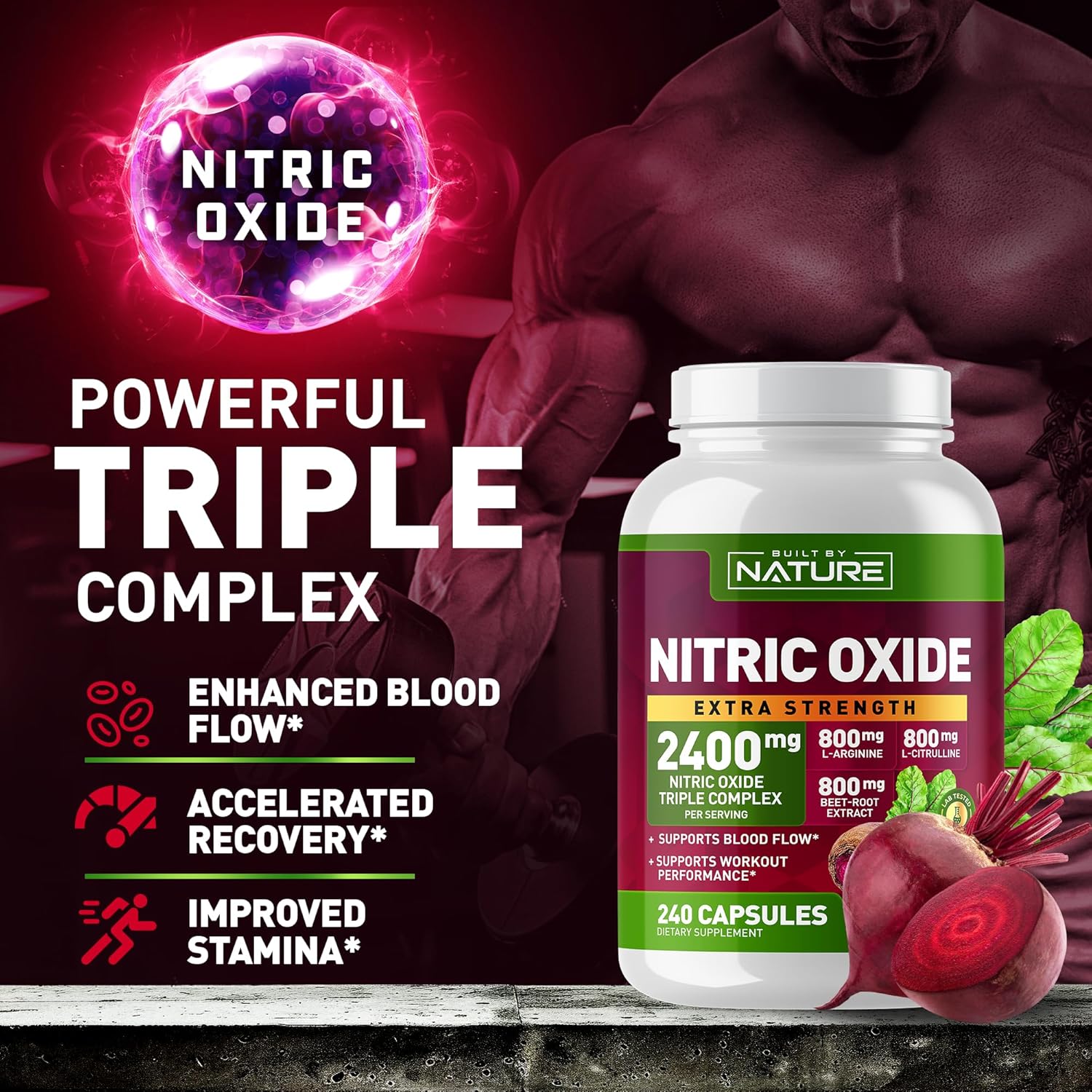 240 Capsules Nitric Oxide Supplement with L-Arginine, L-Citrulline, and Beet Root Extract - 2400mg
