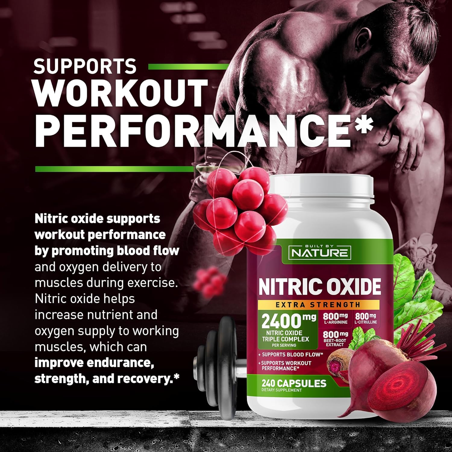 240 Capsules Nitric Oxide Supplement with L-Arginine, L-Citrulline, and Beet Root Extract - 2400mg