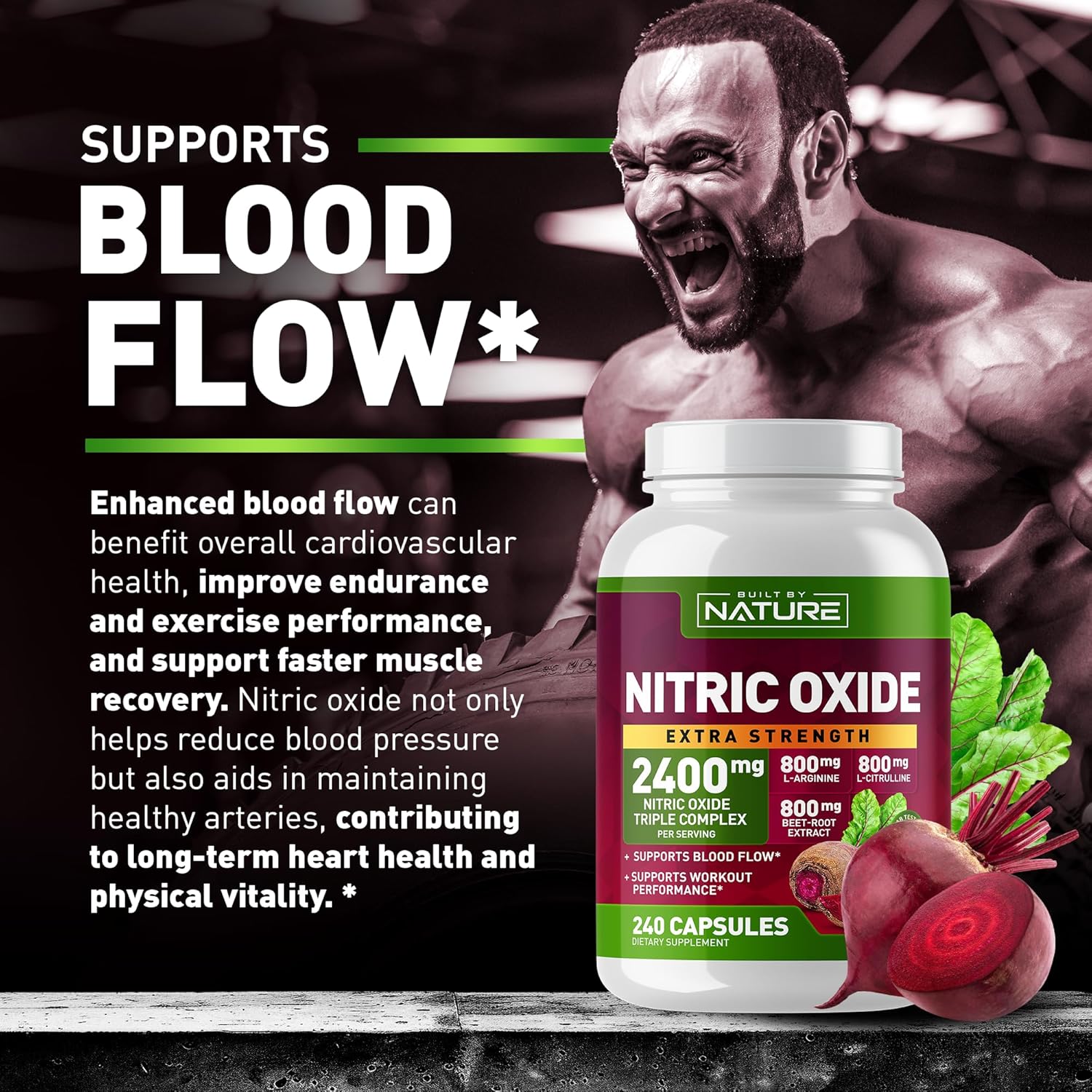 240 Capsules Nitric Oxide Supplement with L-Arginine, L-Citrulline, and Beet Root Extract - 2400mg