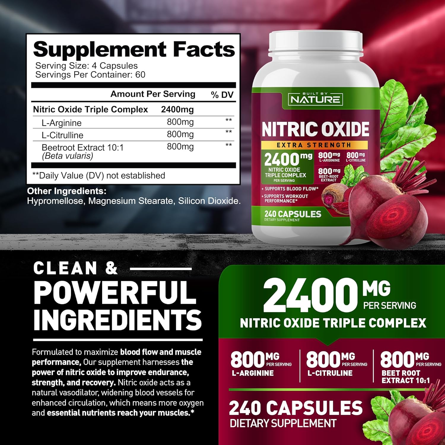 240 Capsules Nitric Oxide Supplement with L-Arginine, L-Citrulline, and Beet Root Extract - 2400mg