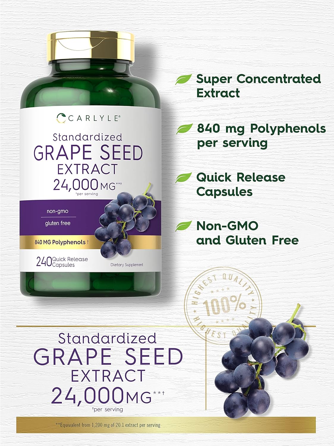 240 Capsules of Carlyle Grape Seed Extract 24,000 mg Equivalent | Powerful Standardized Extract | Non-GMO, Gluten Free | Maximum Strength Formula