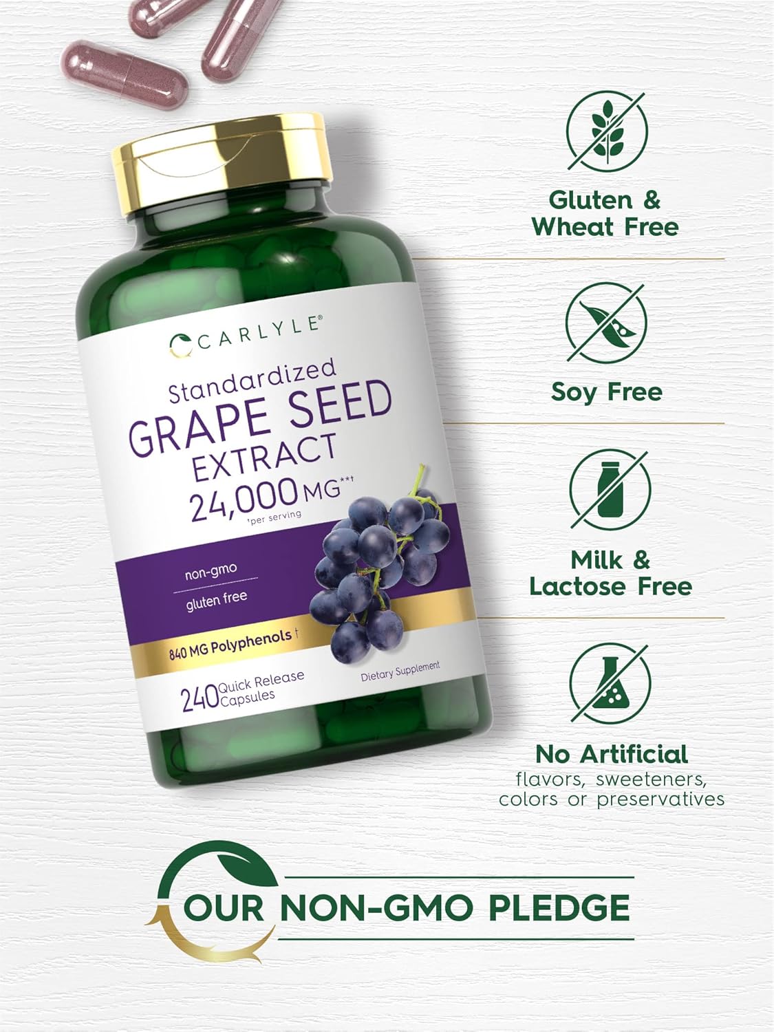 240 Capsules of Carlyle Grape Seed Extract 24,000 mg Equivalent | Powerful Standardized Extract | Non-GMO, Gluten Free | Maximum Strength Formula
